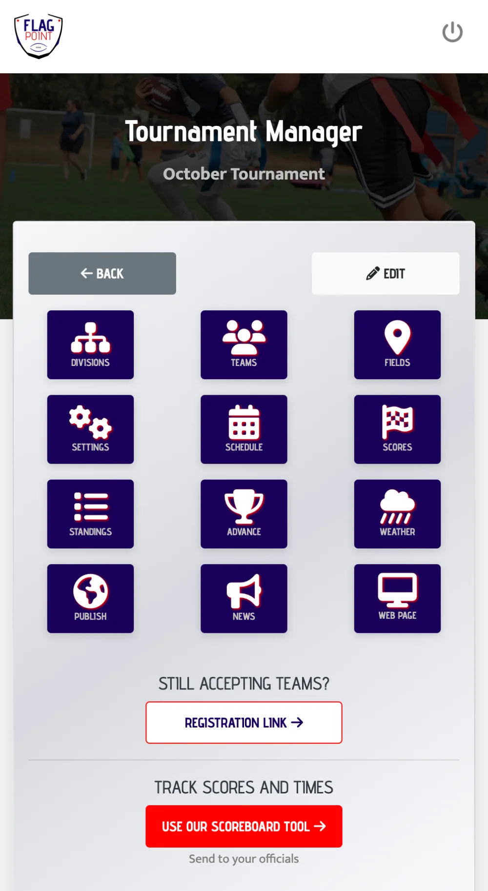 Screenshot of FlagPoint tournaments dashboard