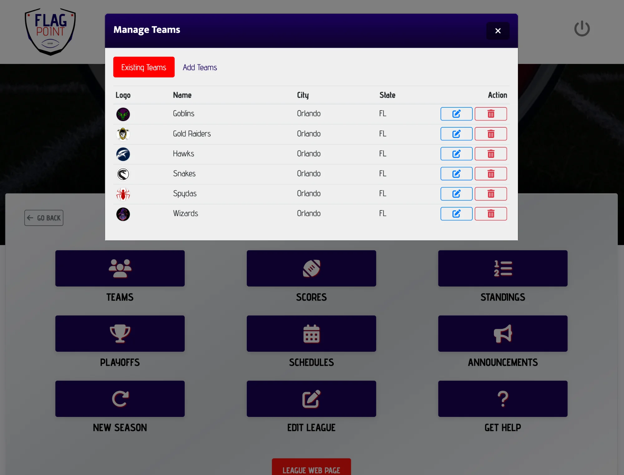 League standings page
