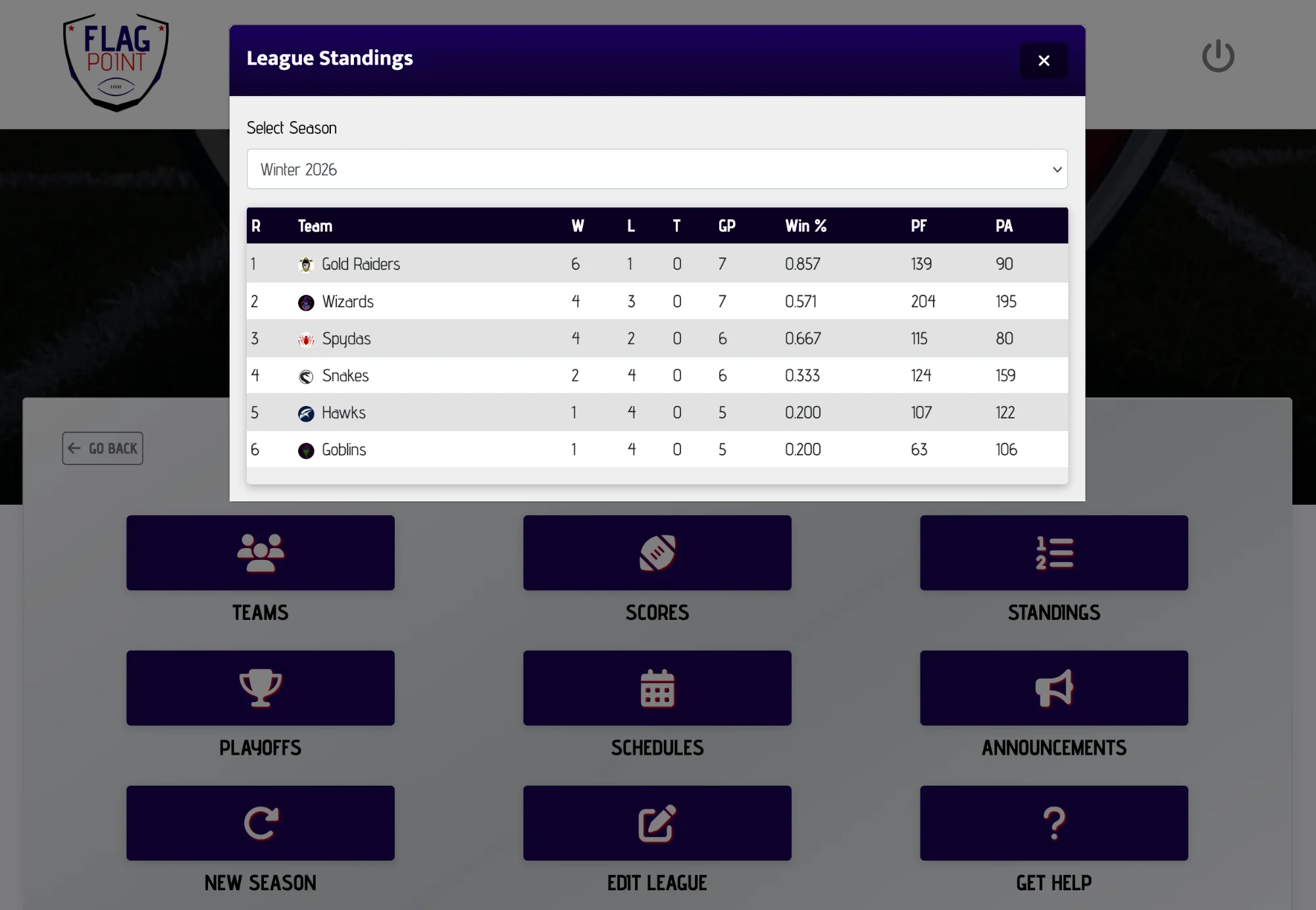 League standings page