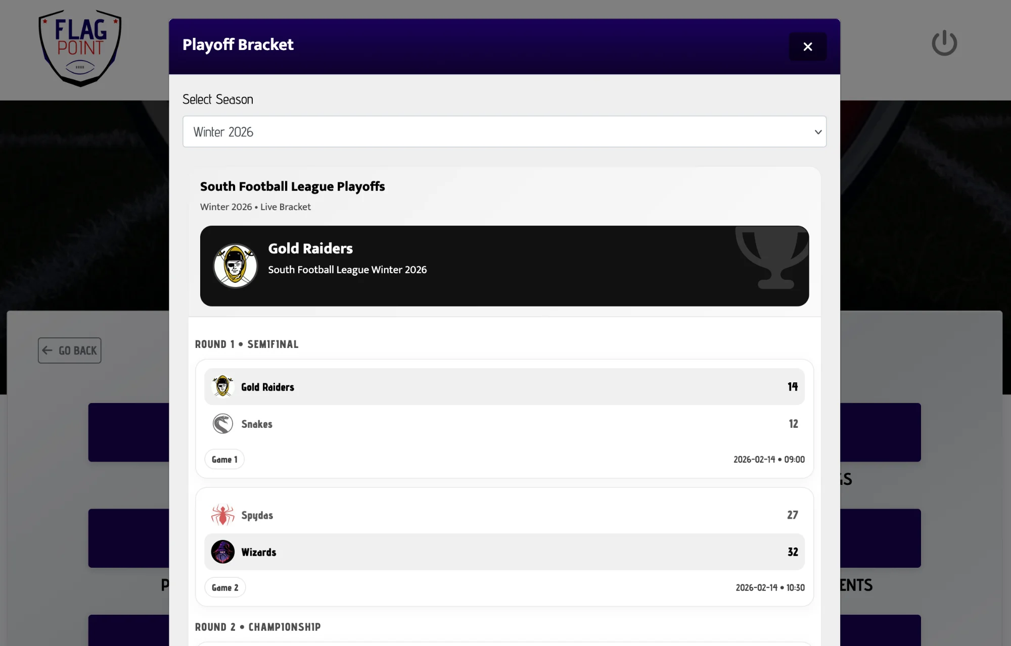 League playoffs page