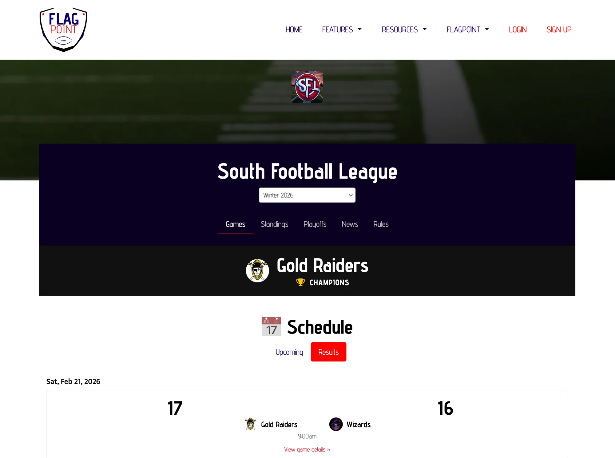league web page