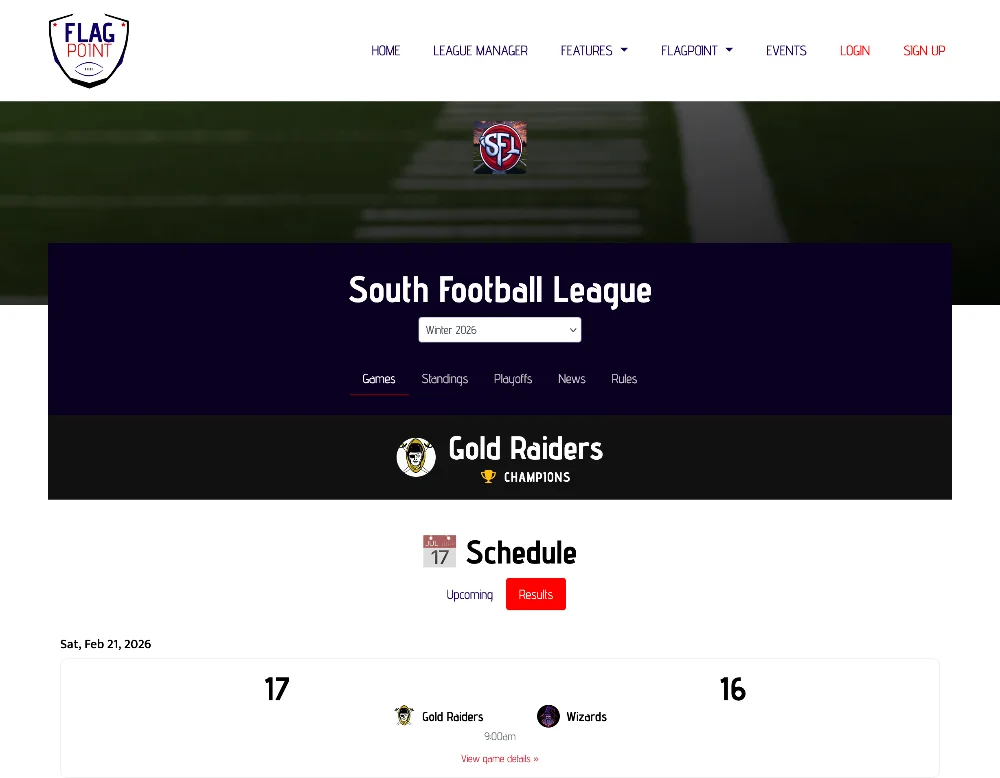 FlagPoint flag football league management dashboard on desktop