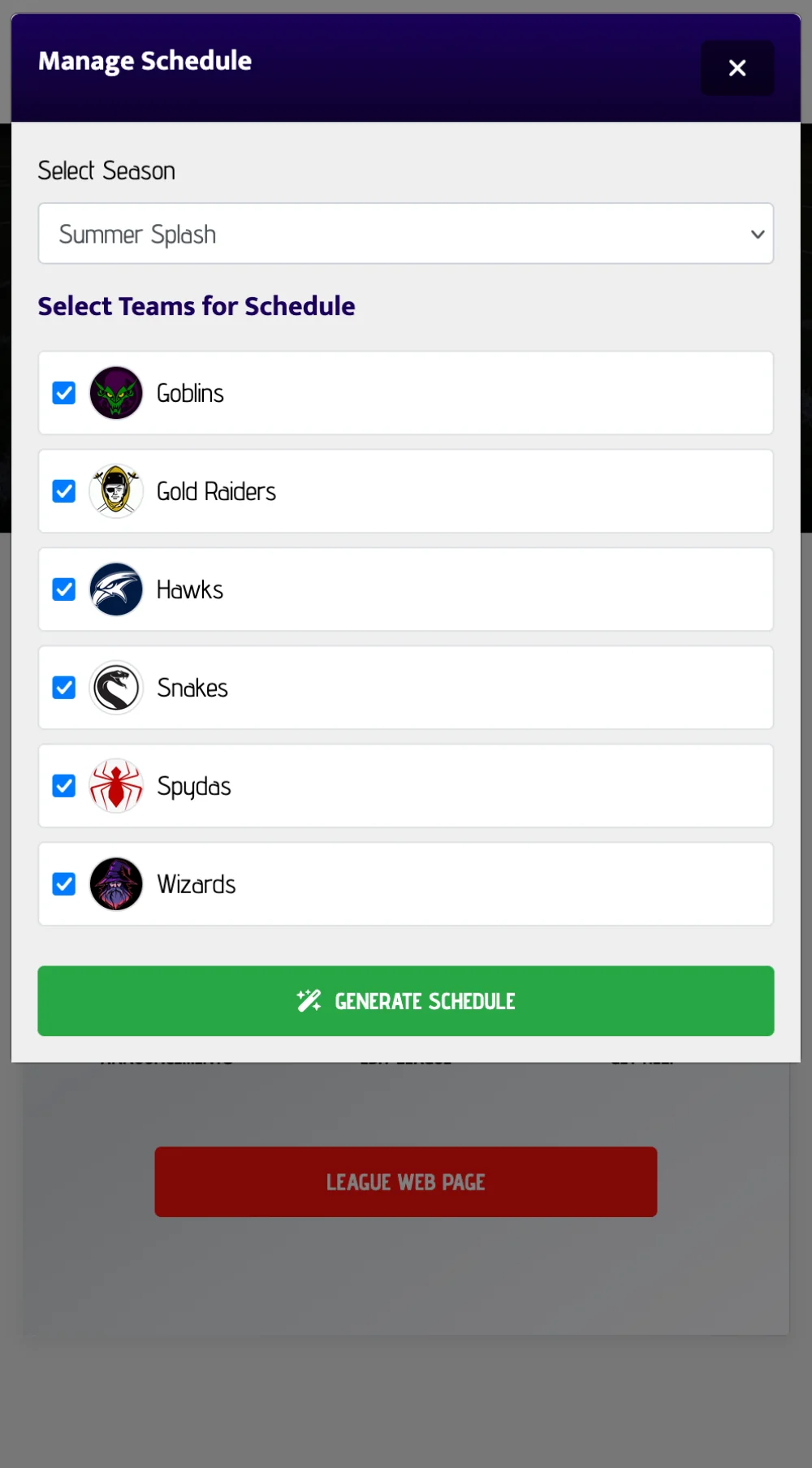 FlagPoint league schedule tools on a mobile screen